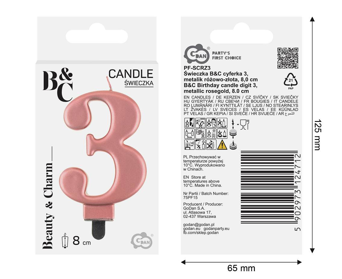 Birthday candle digit 3, metallic rosegold, 8 cm